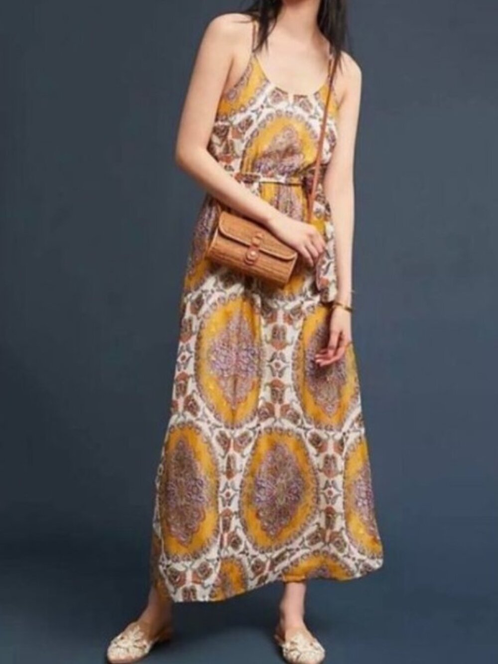 Anthropologie Akemi + Kin Medallion Maxi Dress Metallic Paisley Boho Shimmer M